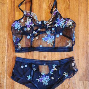 Sheer Black & Purple Floral Embroidery Mesh Lingerie Panty and Bra Set Size 1XL